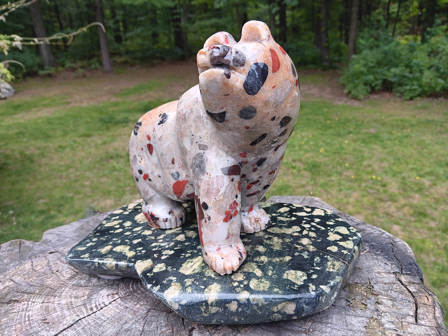 Pudding Stone Bear Carving with Basalt base