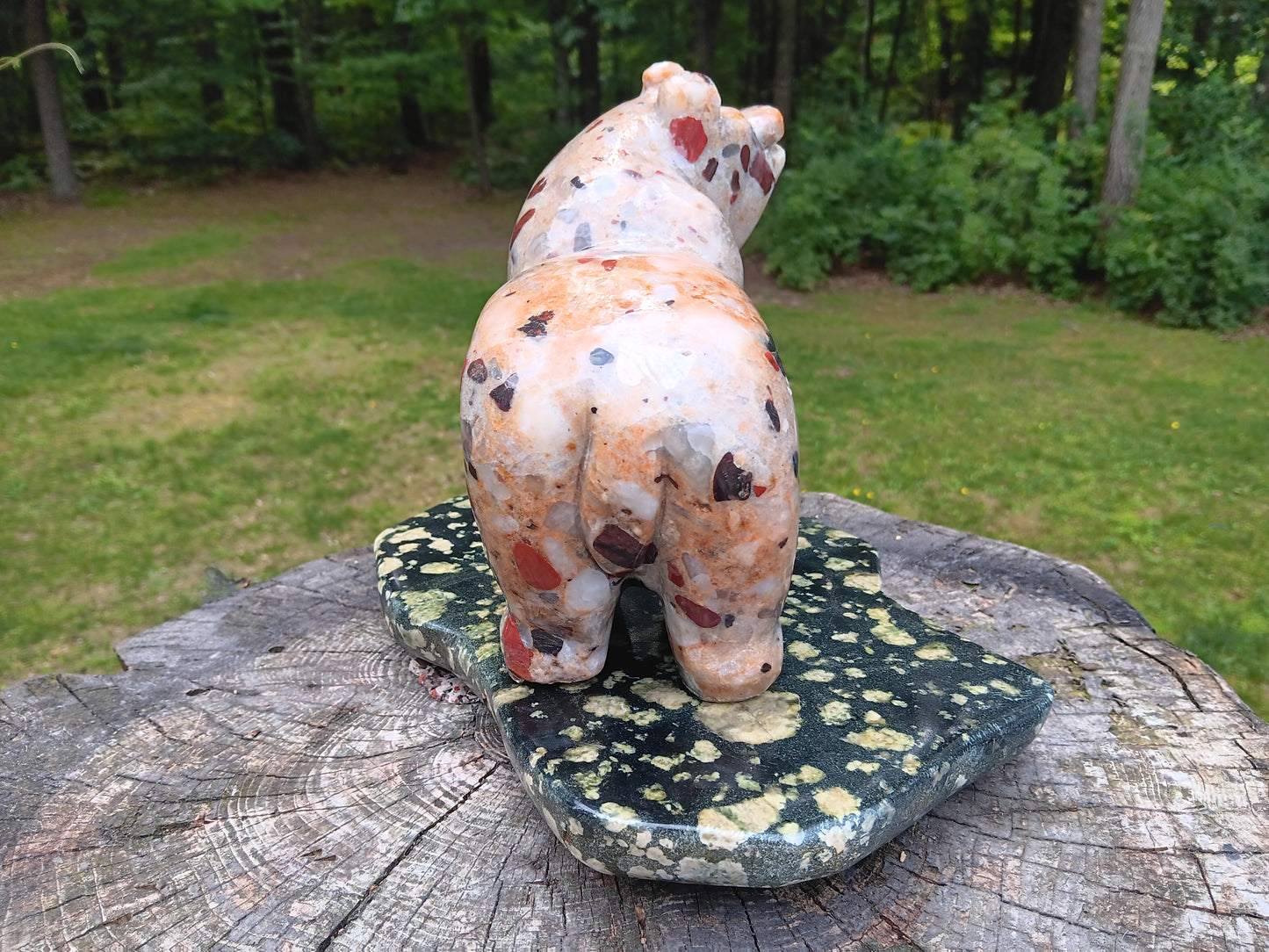 Pudding Stone Bear Carving with Basalt base