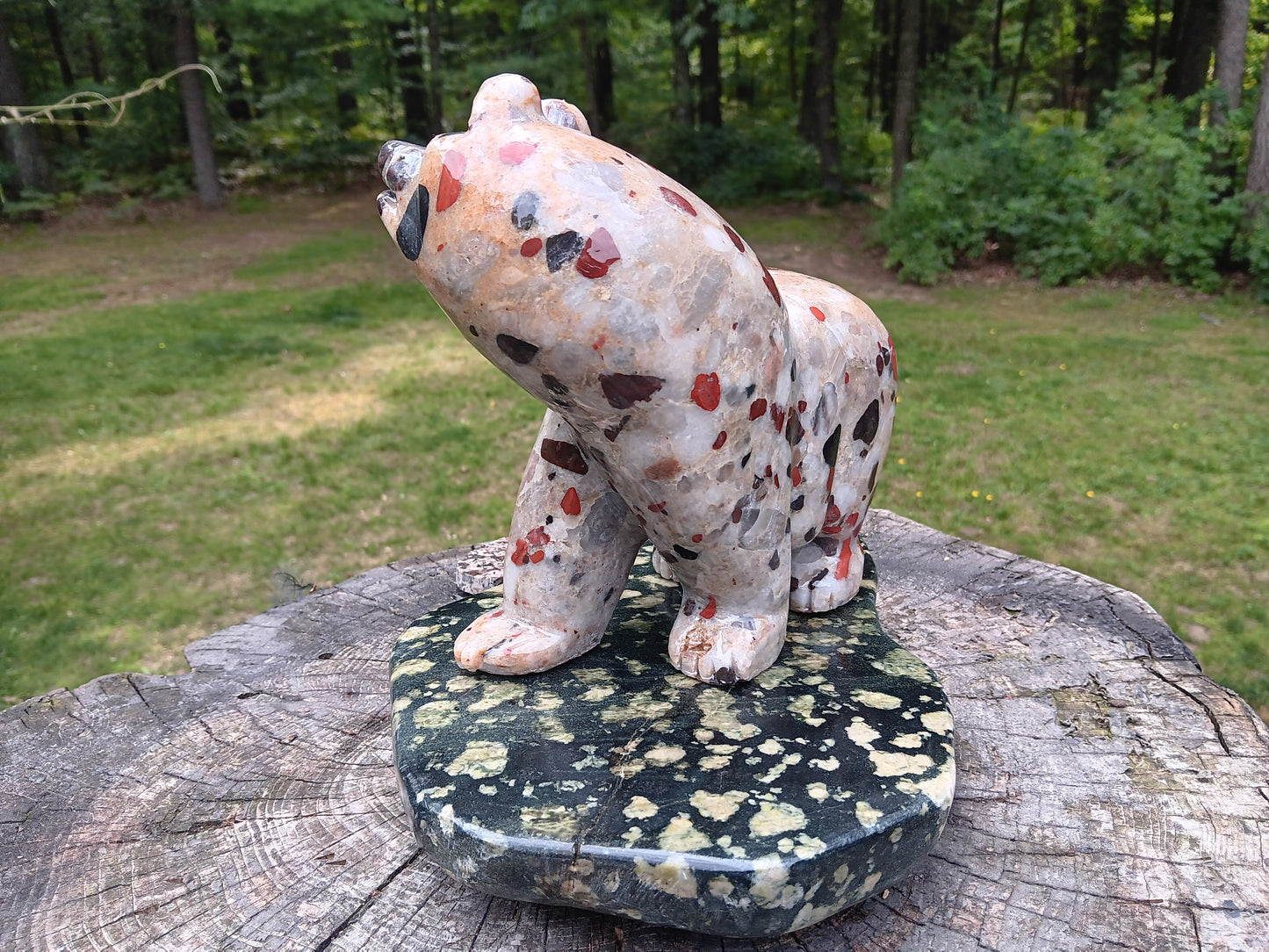 Pudding Stone Bear Carving with Basalt base